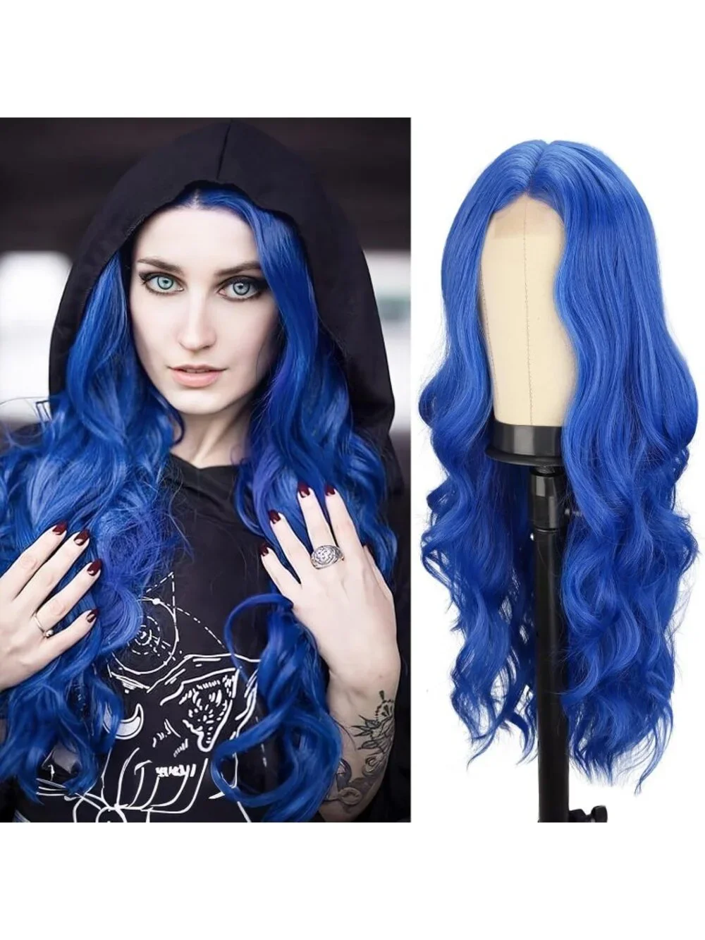 Women's Blue 26 Inch Natural Synthetic Modern Long Curly Wavy Fiber Wigs